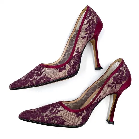 Manolo Blahnik Lace Pumps Burgundy Red Floral Pointed Toe Sheer Sz 37 / 7