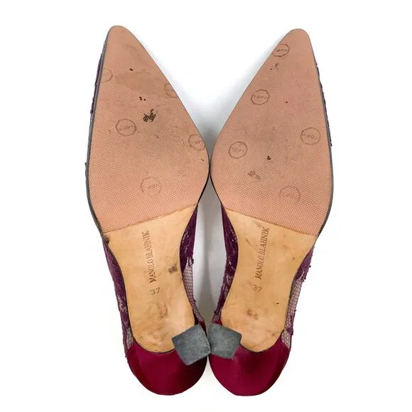 Manolo Blahnik Lace Pumps Burgundy Red Floral Pointed Toe Sheer Sz 37 / 7