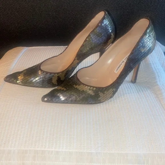 Manolo Blahnik Sequin Camouflage Pattern Heels, Size 38.5