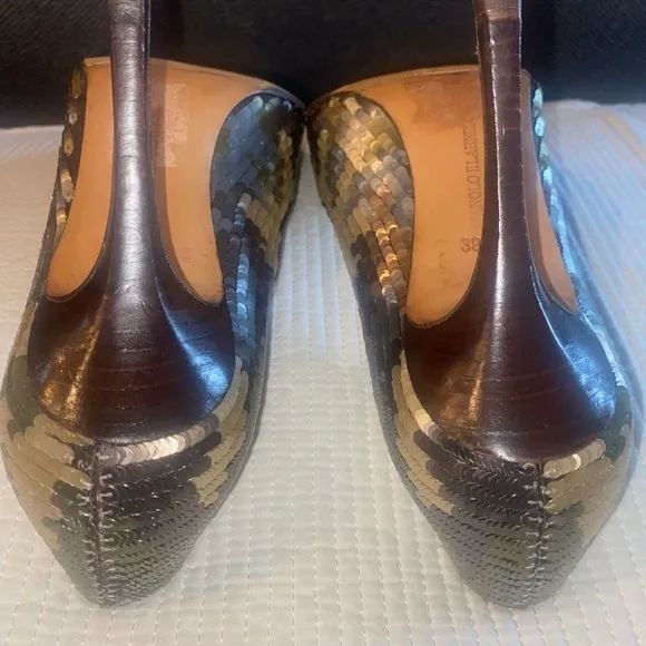 Manolo Blahnik Sequin Camouflage Pattern Heels, Size 38.5