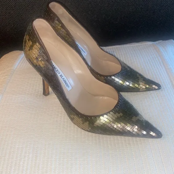 Manolo Blahnik Sequin Camouflage Pattern Heels, Size 38.5