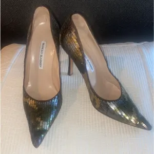 Manolo Blahnik Sequin Camouflage Pattern Heels, Size 38.5