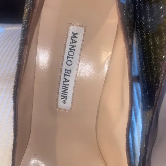 Manolo Blahnik Sequin Camouflage Pattern Heels, Size 38.5