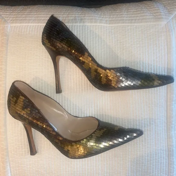 Manolo Blahnik Sequin Camouflage Pattern Heels, Size 38.5