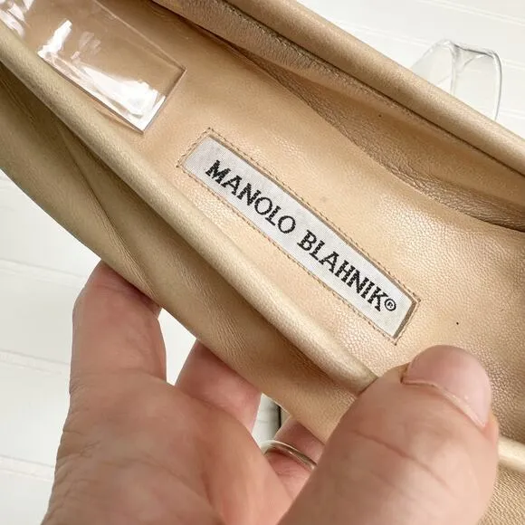 Manolo Blahnik Vintage Flats Ballet Nude Tan Leather Square Toe Ballerimu 37.5