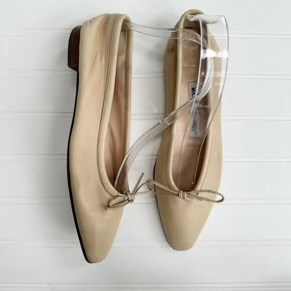 Manolo Blahnik Vintage Flats Ballet Nude Tan Leather Square Toe Ballerimu 37.5