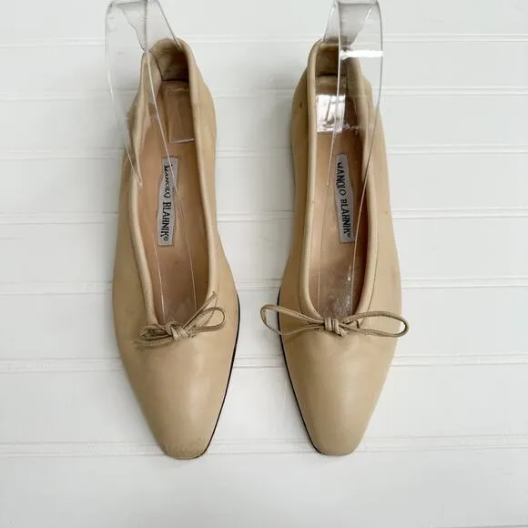 Manolo Blahnik Vintage Flats Ballet Nude Tan Leather Square Toe Ballerimu 37.5