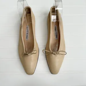Manolo Blahnik Vintage Flats Ballet Nude Tan Leather Square Toe Ballerimu 37.5