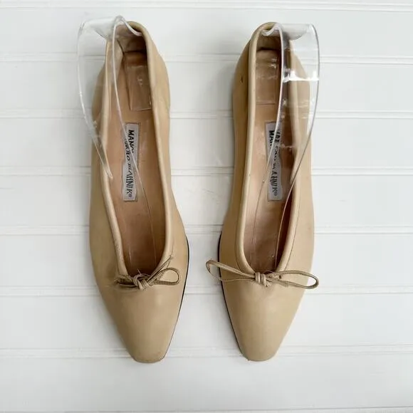 Manolo Blahnik Vintage Flats Ballet Nude Tan Leather Square Toe Ballerimu 37.5
