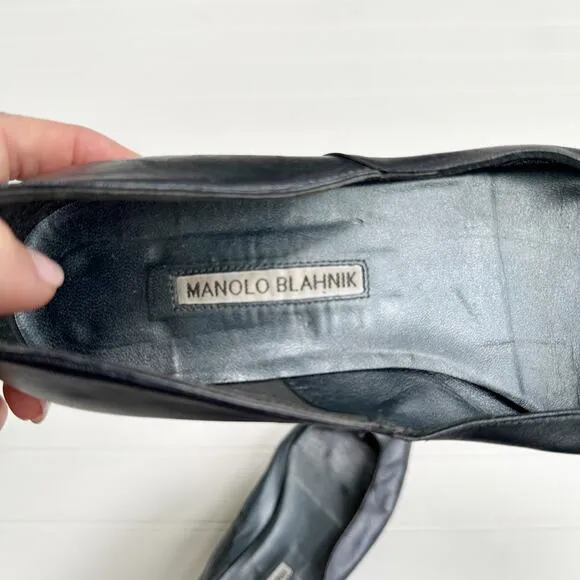 Manolo Blahnik Vintage Leather Flat Shoes Gunmetal Black Almond Toe 39
