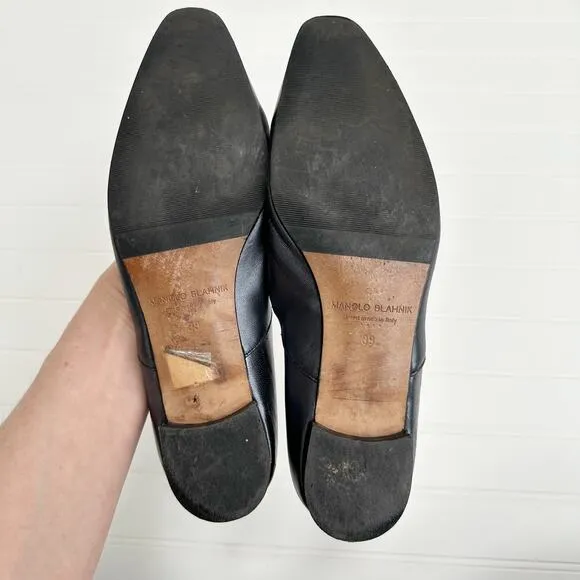 Manolo Blahnik Vintage Leather Flat Shoes Gunmetal Black Almond Toe 39