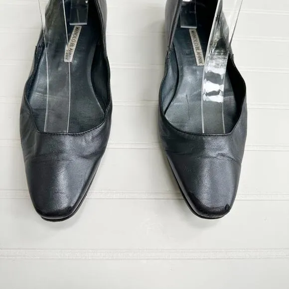 Manolo Blahnik Vintage Leather Flat Shoes Gunmetal Black Almond Toe 39