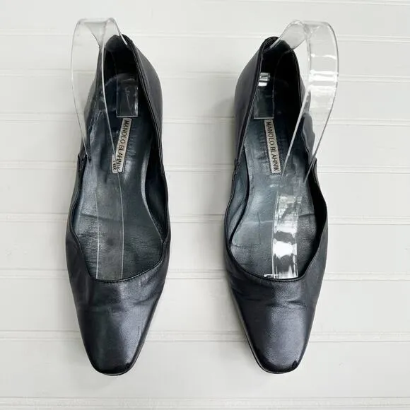 Manolo Blahnik Vintage Leather Flat Shoes Gunmetal Black Almond Toe 39