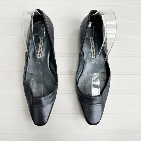 Manolo Blahnik Vintage Leather Flat Shoes Gunmetal Black Almond Toe 39