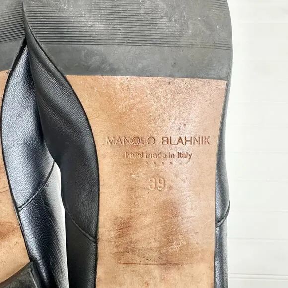 Manolo Blahnik Vintage Leather Flat Shoes Gunmetal Black Almond Toe 39