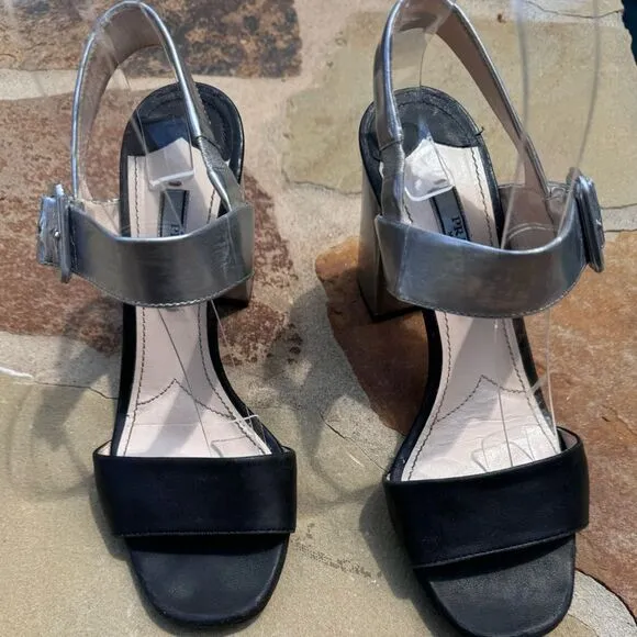 Metallic silver and Black Prada heels; totally restored Sz 37