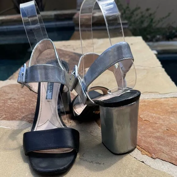 Metallic silver and Black Prada heels; totally restored Sz 37