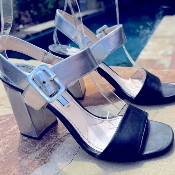 Metallic silver and Black Prada heels; totally restored Sz 37