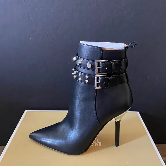 Michael Kors Amal Black Astor Leather Ankle Boots Booties Shoes Heels Pumps NEW