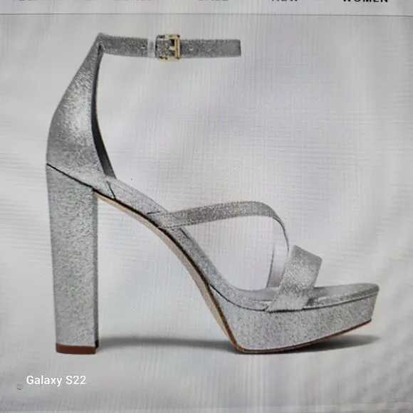 Michael Kors &quot;Tanner&quot; Silver Sparkle Platform Heeled Sandals. NIB. 8
