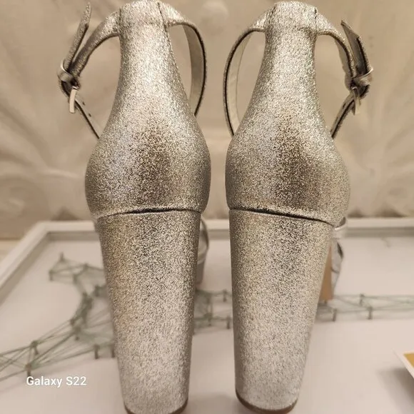 Michael Kors &quot;Tanner&quot; Silver Sparkle Platform Heeled Sandals. NIB. 8