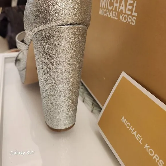 Michael Kors &quot;Tanner&quot; Silver Sparkle Platform Heeled Sandals. NIB. 8