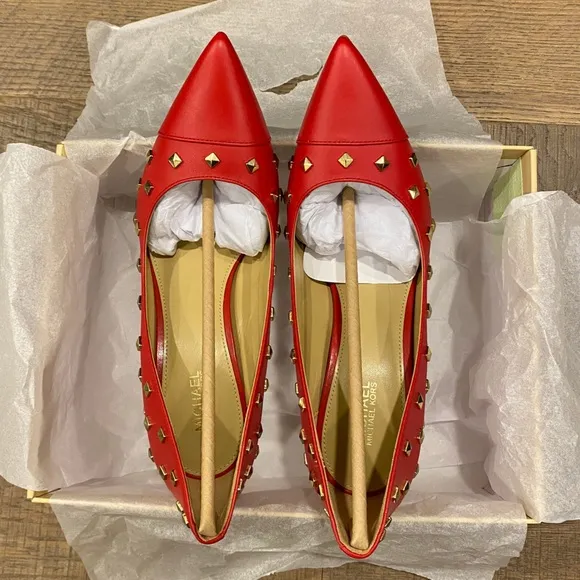 Michael Kors KeKe Red Crimson Studs Leather Pumps Heels Shoes NEW