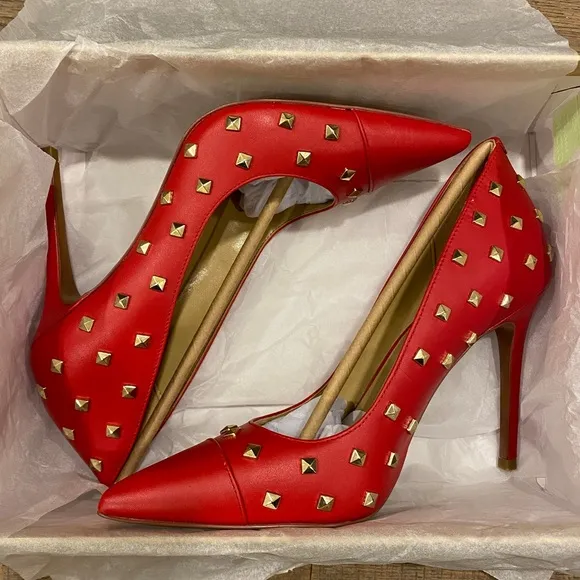 Michael Kors KeKe Red Crimson Studs Leather Pumps Heels Shoes NEW