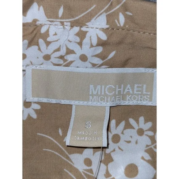 Michael Kors Khaki Floral Print Shirt Dress Button Front Midi Size S NWT $155