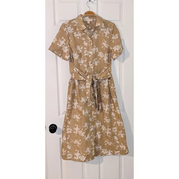 Michael Kors Khaki Floral Print Shirt Dress Button Front Midi Size S NWT $155