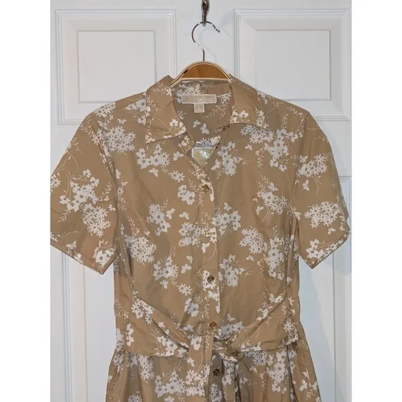 Michael Kors Khaki Floral Print Shirt Dress Button Front Midi Size S NWT $155