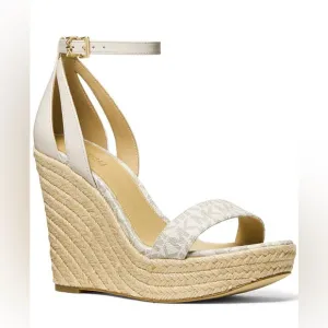 Michael Kors *Kimberly* MK logo beige vanilla wedge espadrille sandals 10