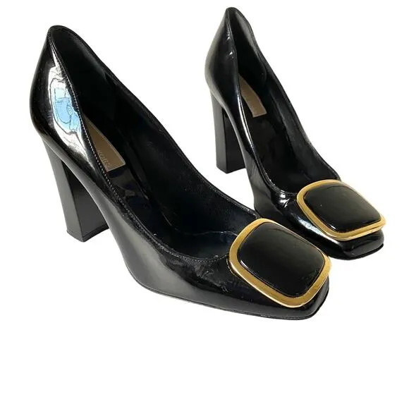 Michael Kors Made In Italy Black Patent Leather Gold Emblem Heels Pumps 6 1/2