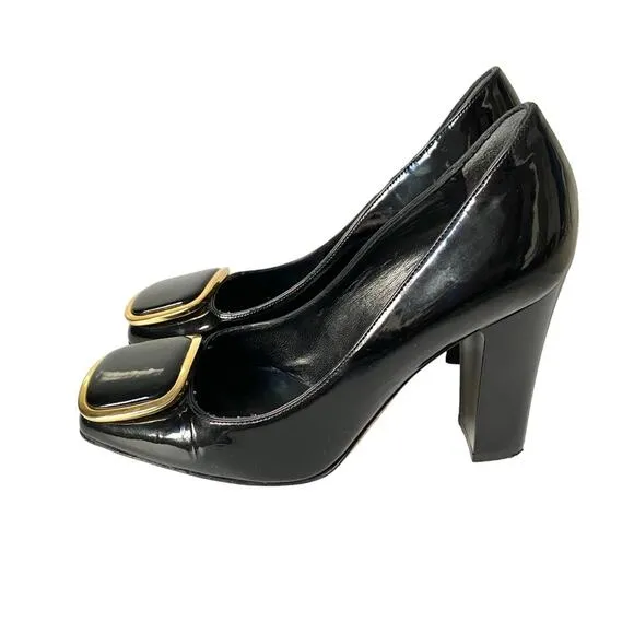 Michael Kors Made In Italy Black Patent Leather Gold Emblem Heels Pumps 6 1/2