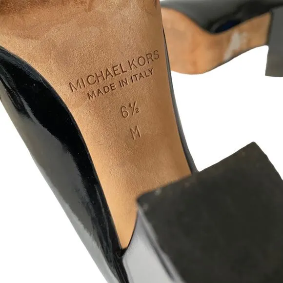 Michael Kors Made In Italy Black Patent Leather Gold Emblem Heels Pumps 6 1/2