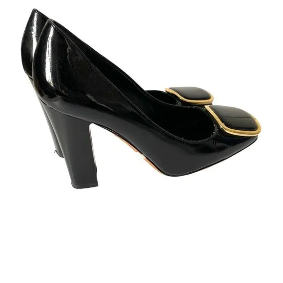 Michael Kors Made In Italy Black Patent Leather Gold Emblem Heels Pumps 6 1/2