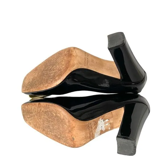 Michael Kors Made In Italy Black Patent Leather Gold Emblem Heels Pumps 6 1/2