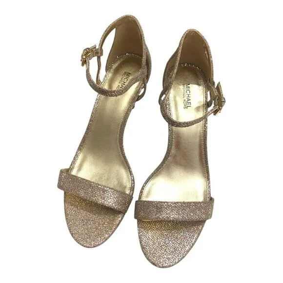 MICHAEL Michael Kors Simone Glitter Mesh Heeled Sandals Gold 9 EUC