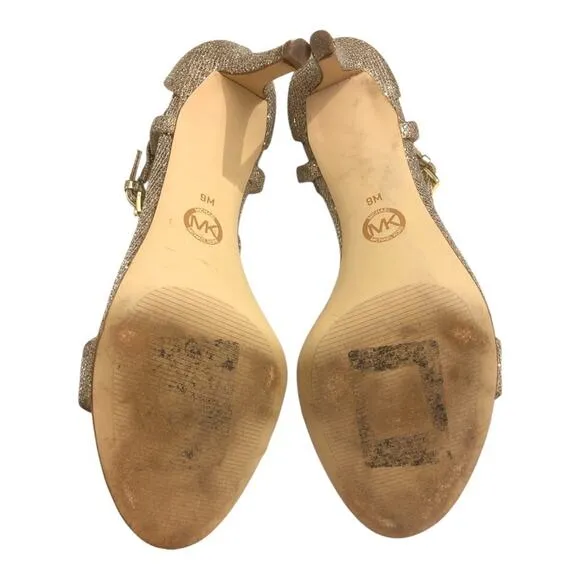 MICHAEL Michael Kors Simone Glitter Mesh Heeled Sandals Gold 9 EUC