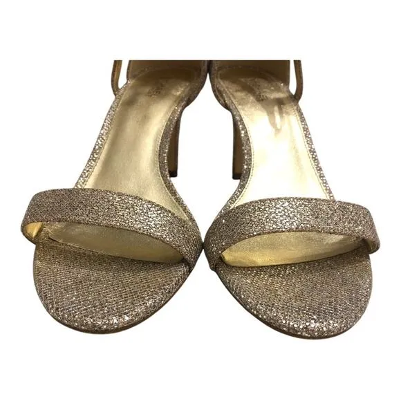 MICHAEL Michael Kors Simone Glitter Mesh Heeled Sandals Gold 9 EUC