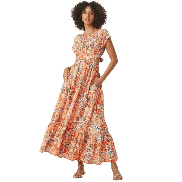 Misa Los Angeles Dana Mae Maxi Dress in Tangerine Flora Cutout Backless Sz L NWT