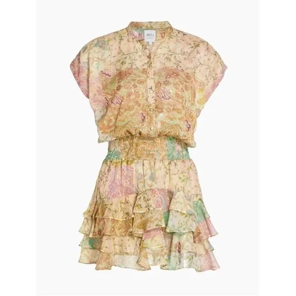 [Misa Los Angeles] Printemps Patchwork Chiffon Smocked Ruffle Evie Dress Medium