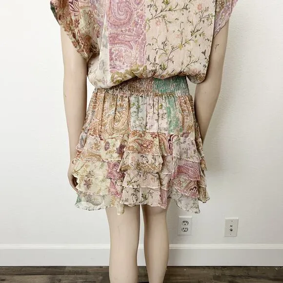 [Misa Los Angeles] Printemps Patchwork Chiffon Smocked Ruffle Evie Dress Medium
