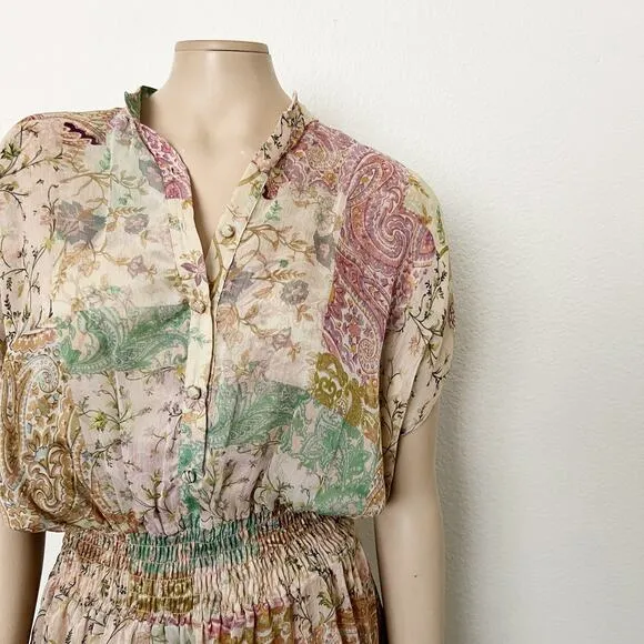 [Misa Los Angeles] Printemps Patchwork Chiffon Smocked Ruffle Evie Dress Medium