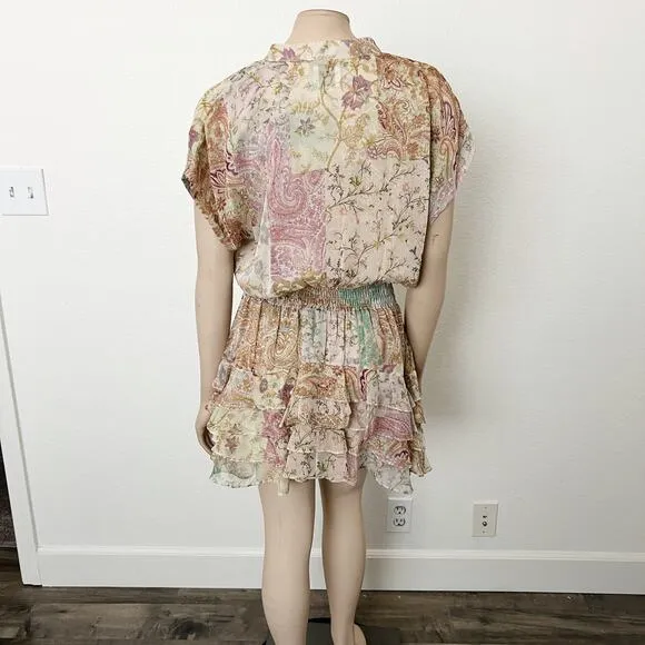 [Misa Los Angeles] Printemps Patchwork Chiffon Smocked Ruffle Evie Dress Medium