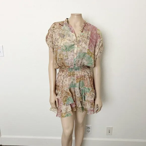 [Misa Los Angeles] Printemps Patchwork Chiffon Smocked Ruffle Evie Dress Medium