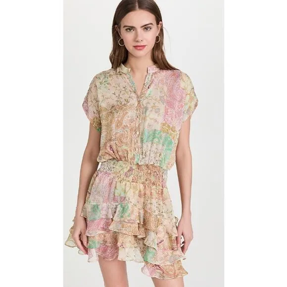 [Misa Los Angeles] Printemps Patchwork Chiffon Smocked Ruffle Evie Dress Medium
