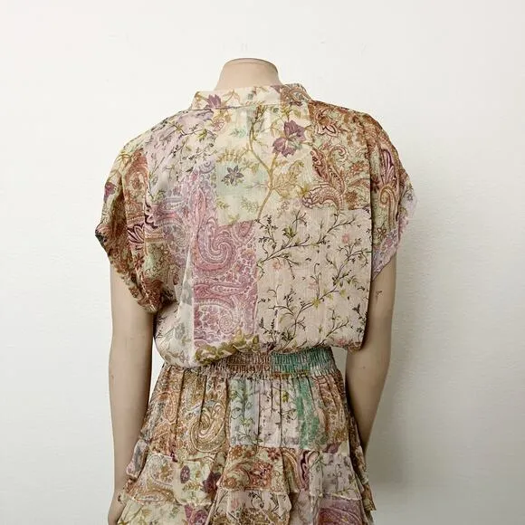 [Misa Los Angeles] Printemps Patchwork Chiffon Smocked Ruffle Evie Dress Medium
