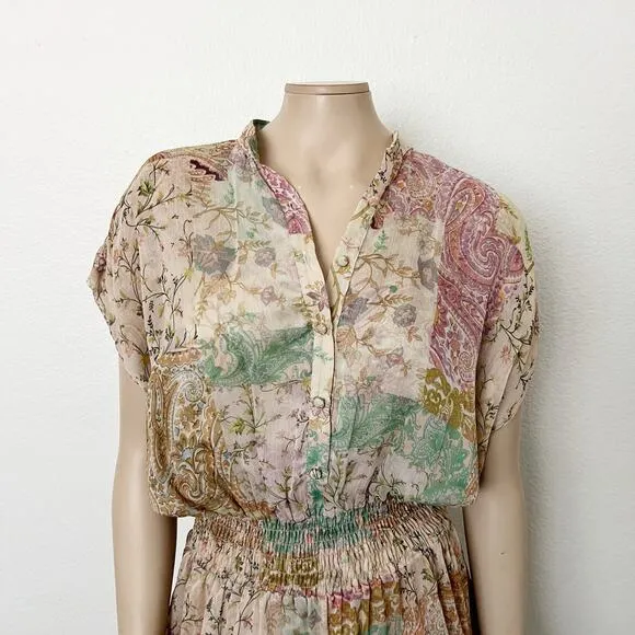 [Misa Los Angeles] Printemps Patchwork Chiffon Smocked Ruffle Evie Dress Medium