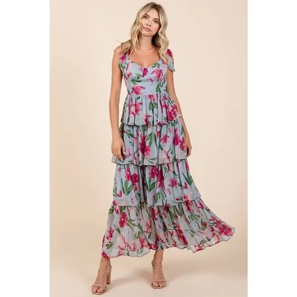 Mittoshop Layered Floral Pattern Sweetheart Neck Ruffled Maxi Dress | Dusty Blue